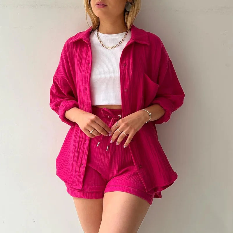 Conjunto de Verão Feminino Short + Blusa de Manga Longa Vivi